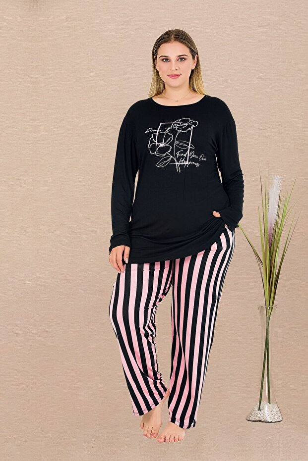 Patterned Long Sleeve Plus Size Pajama Set