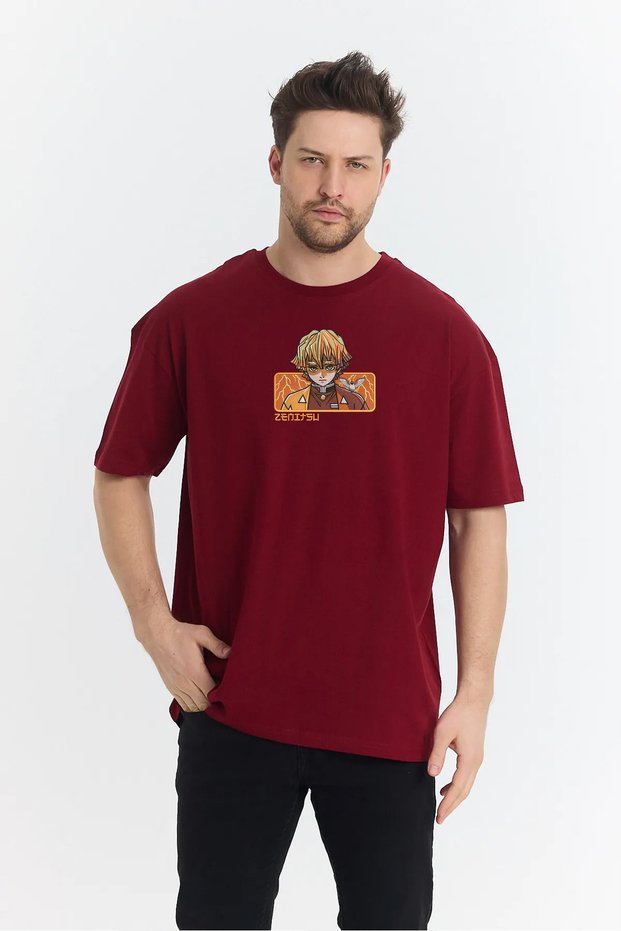 Unisex Oversize Embroidered Demon Slayer Zenitsu Anime Design 100% Cotton T-Shirt