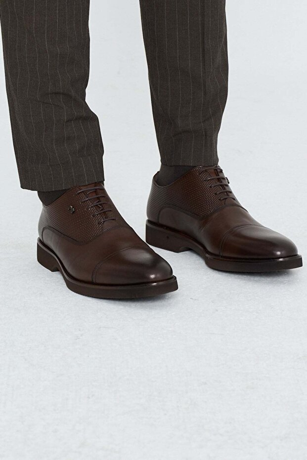 Brown genuine leather lace-up men's classic shoes