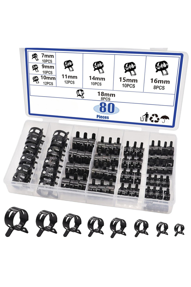 80Pcs(Black) 80Pcs Spring Band Hose Clamps Assortment kits Silicone Vacuum Hose Pipe Clamp 7-18mm Lo