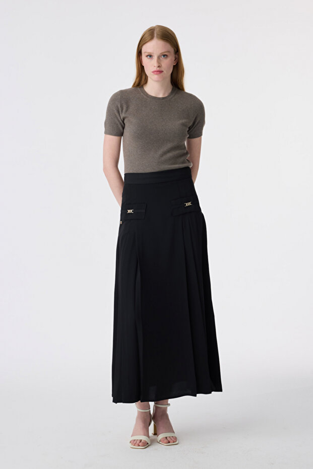 Pleated Long Black Skirt with Metal Accessories 0218