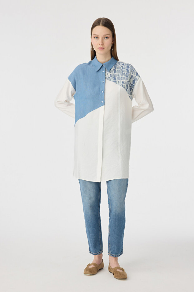 Asymmetrical Patterned Detailed Ecru Tunic 1634