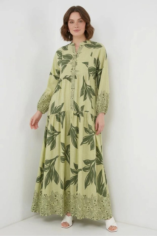 Women's Shirt Collar, Gathered Waist, Long Sleeve, Leaf Patterned, Viscose Green, Hijab Dress