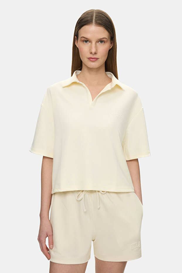 Yosemae Bone Color Polo Collar Printed Soft Textured Modal Fabric Loose Fit Women's Tshirt
