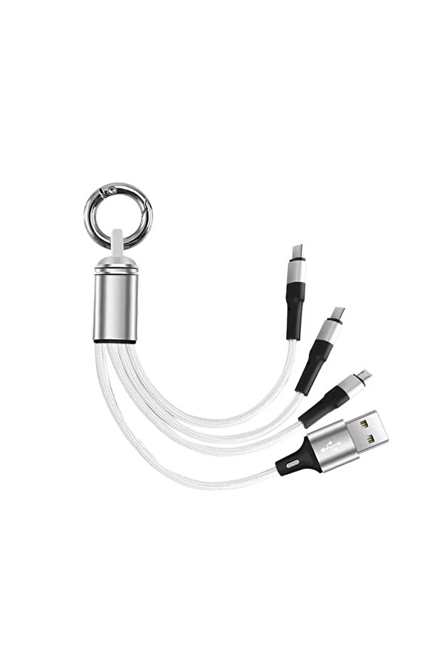 كابل شحن USB 3 في 1 بطول 15 سم أبيض اللون لهواتف آيفون 15 و14 و13 و12 برو، شحن سريع مع منفذ مايكرو USB