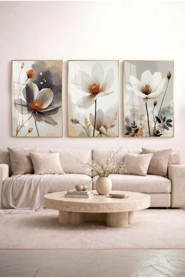 White Amber Touch Smoke Backgrounded 3-Piece Glass Painting Set with Gold Metal Frame for Home and Office