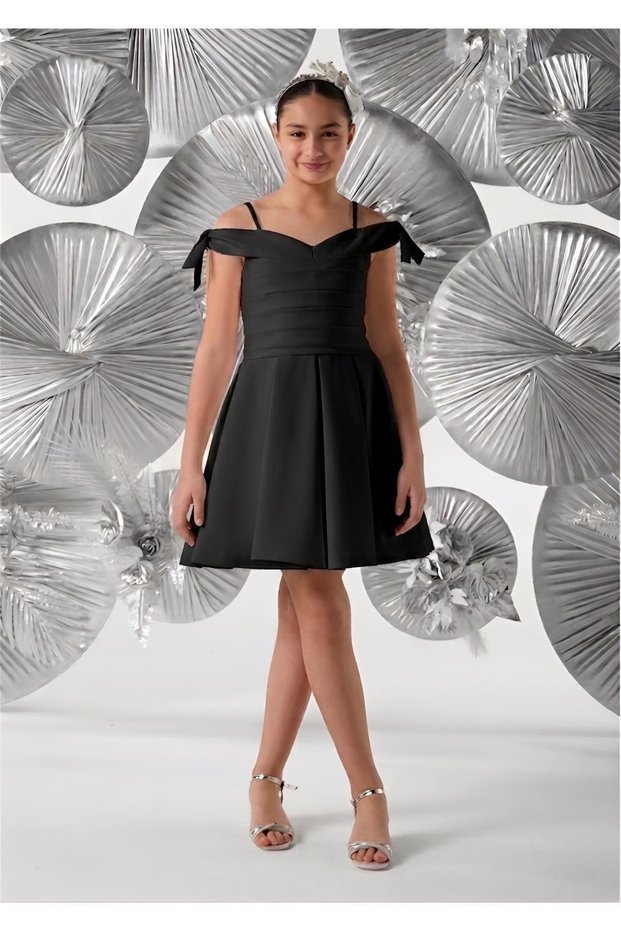 Meneviş Shoulder Detailed Girls' Short Crepe Evening Dress_Mnvs919