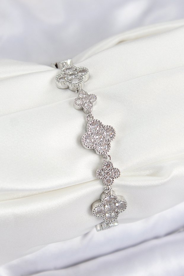 Brass Zircon Stone Clover Model Silver Color Vip Series Women's Bracelet 5886 - Eterna1308-1842