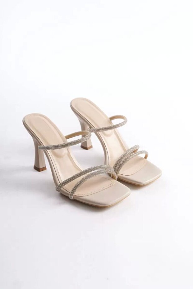 Beige Stone Thin Strap Women's Heeled Slippers By20My01C