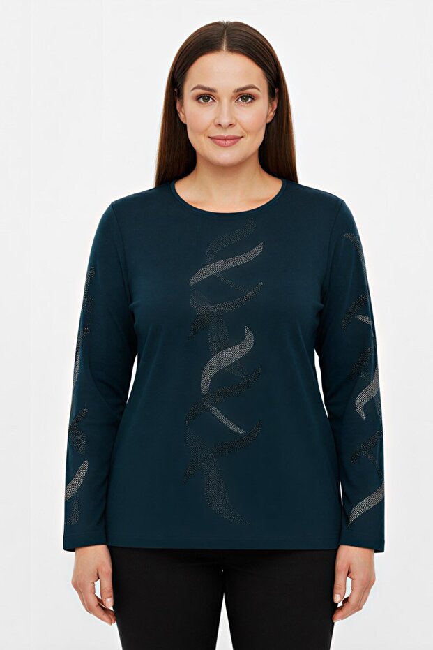 Women's Petrol Blue Stone Detailed Combed Cotton Blouse