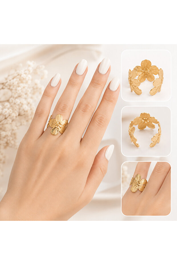Adjustable Steel Flower Ring – Gold Floral Women's Ring