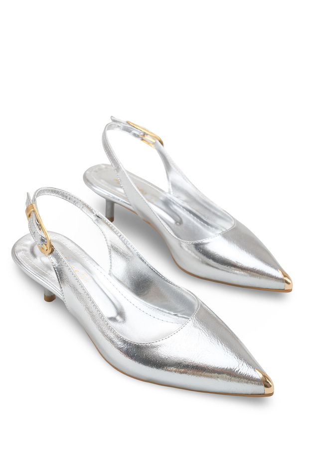 Silver Kitten Heel Women's Shoes with Pointed Toe and Gold Accessories, 3 cm Heel