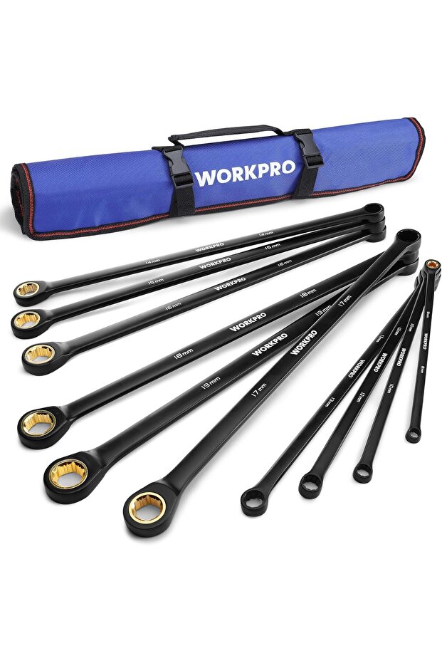 10-Piece Extra Long Ratcheting Wrench Set, Metric 8-19mm, Cr-V Steel, Rolling Pouch
