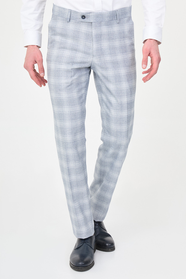 Plaid Slim Fit Classic Men's Trousers Navy Blue - 38372.26Y