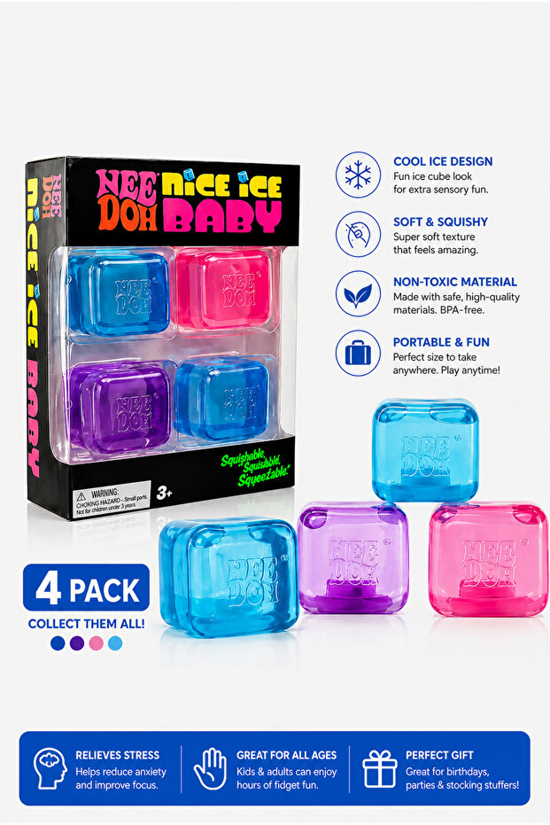 Nice Ice Baby Squishy Cubes, 4-Pack Stress Relief Ice Cube Fidget Toys, Super Solid Squeeze Toys for Kids & Adults
