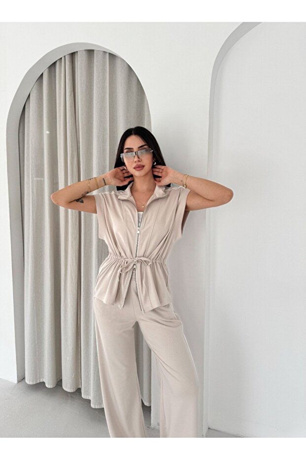 Premium Special Production Drawstring Waist, Two-Way Zipper, Carrying Bag, Wide Leg, Zero Sleeve Tracksuit Set