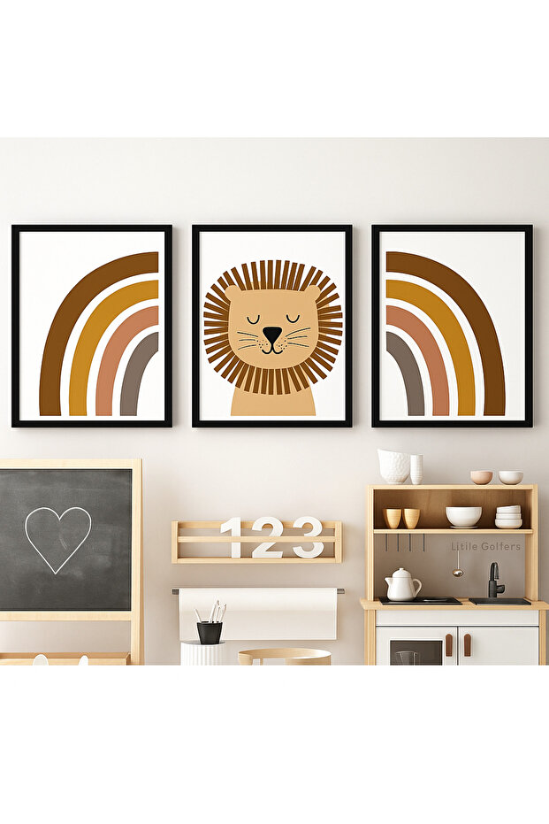 Laminated Framed Pvc Protected Uv Printed 3-Piece Lion Wall Art - Modern Stylish Baby Kids Room Wall Decor