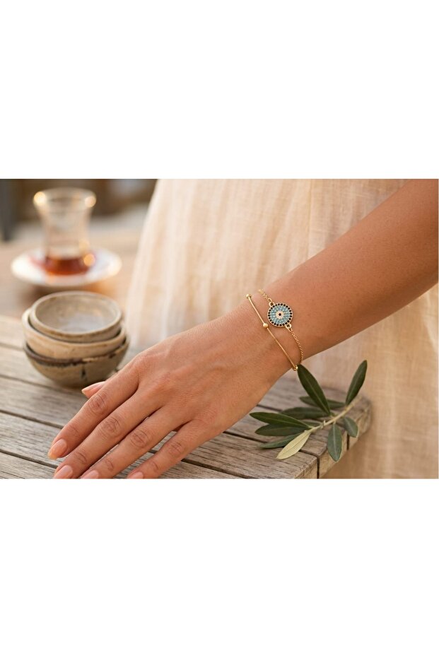 Stainless Steel Blue Eye Evil Eye Zircon Stone Double Chain Bracelet