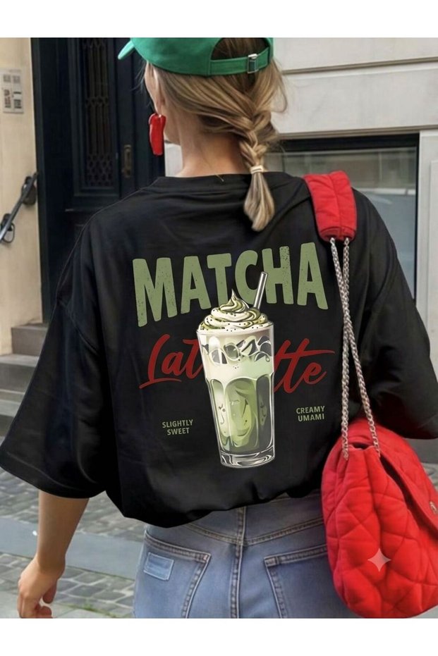 Women's Green Matcha Red Writing Latte Printed T-Shirt