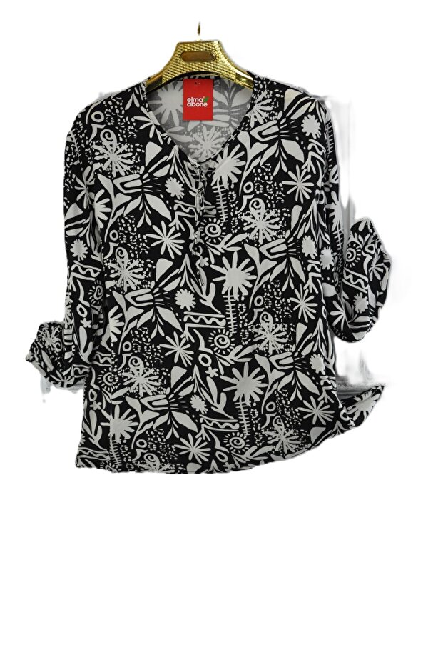 Plus Size Patterned Viscose Lace-Up Short Shirt Blouse