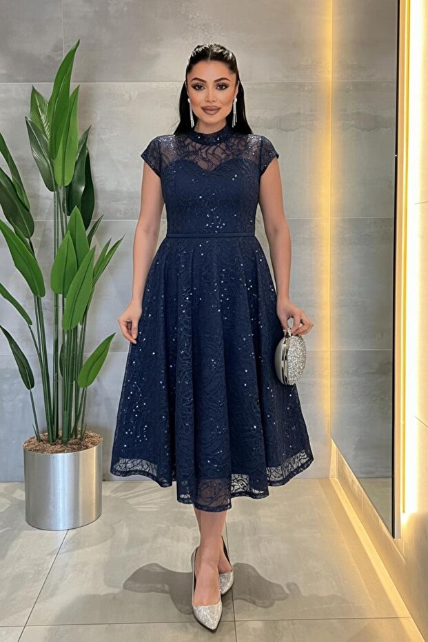 Lace Sequin Fabric Midi Dress - Dark Blue