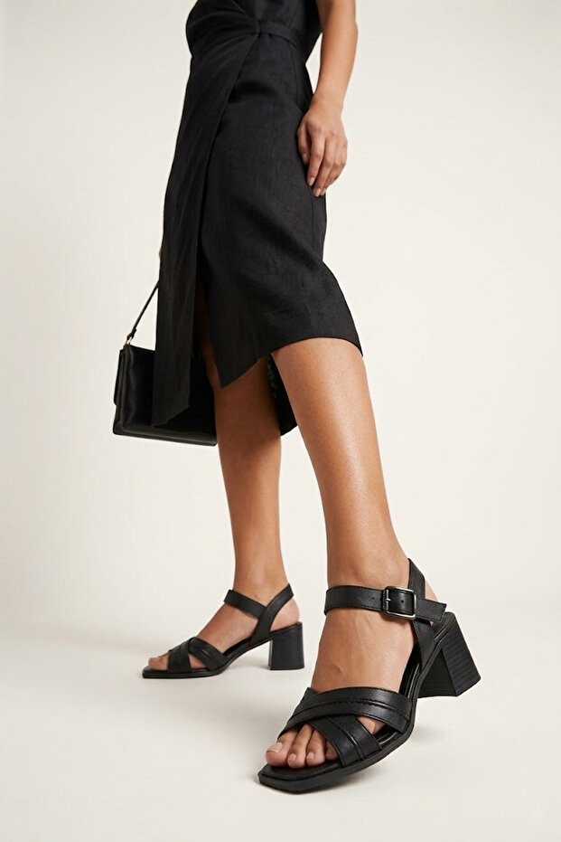 03 Black Genuine Leather Heeled Women's Sandals