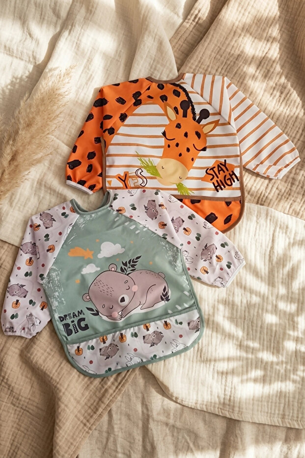 Bambini Waterproof Long Sleeve Bib Set of 2 - Stain Resistant, Additional Food and Activity Bib with Pockets