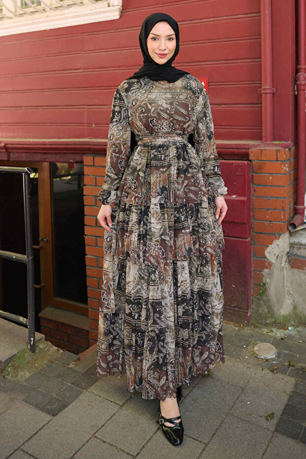Khaki Skirt Layered Patterned Chiffon Dress