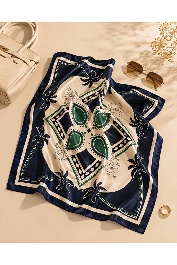 Women's Dark Navy Blue Green Nature Patterned 70X70 cm Satin Scarf, Square Neck Scarf Hair and Bag Accessory