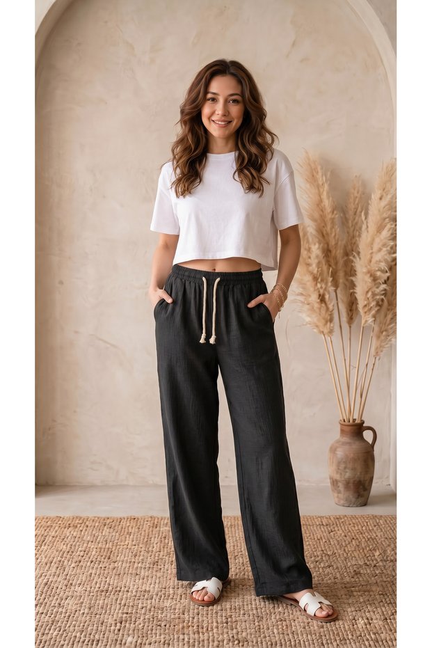 Women's Black High Waist Palazzo Linen Muslin Pants Wide Leg
