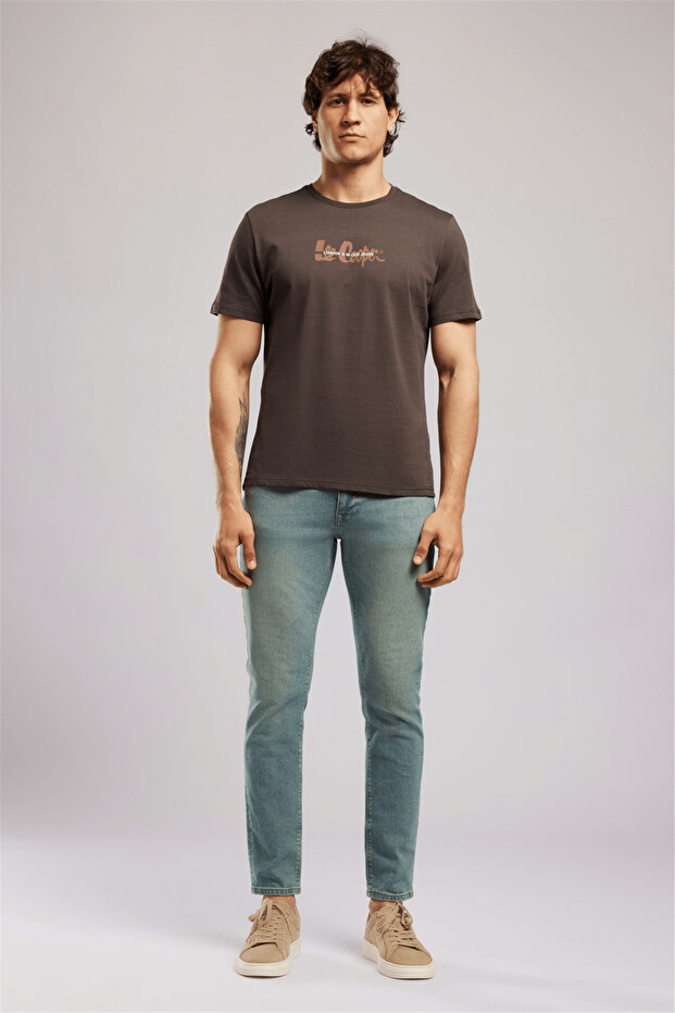 Orak Men's Regular Fit 100% Cotton Printed Crew Neck T-Shirt Brown