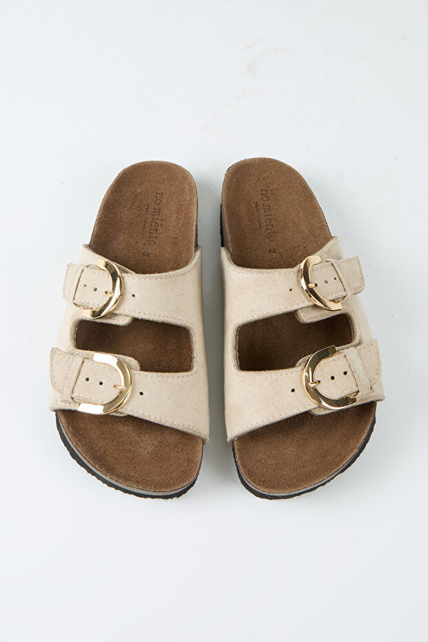 Rio Women's Vegan Leather Double Buckle Beige Slippers