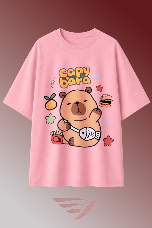 Unisex Cute Capybara Printed Oversize Crew Neck Cotton Daily Use Combed Cotton T-Shirt