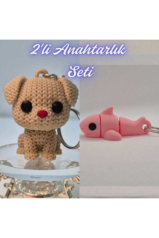 Cream Knitted Patterned Dog and Light Pink Flexible Shark Keychain