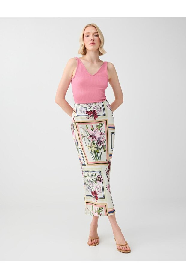Off-White Floral Patterned Satin Midi Skirt