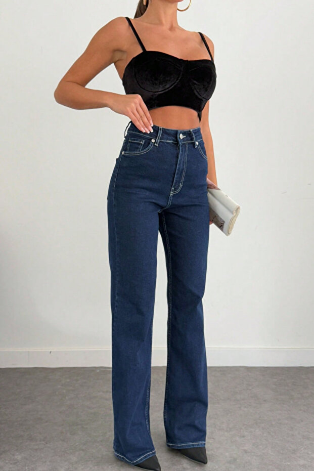 Women's Flexible Wide Leg Navy Blue Jeans