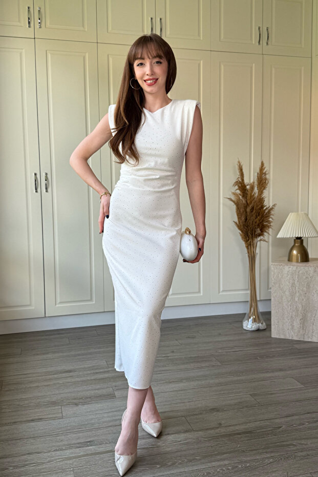 Padded and Stoned Midi White Dress with Slits