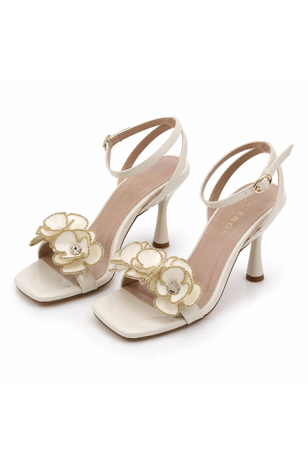 Stoned Flower Detailed Patent Leather Women's Heeled Shoes – 9 cm Stylish Evening Dress Model