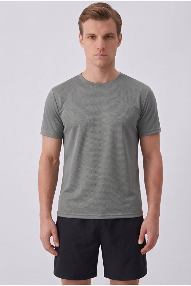 Men's Gray Flexible Breathable Lycra Crew Neck Diamond Pattern Sweat-Wicking T-Shirt