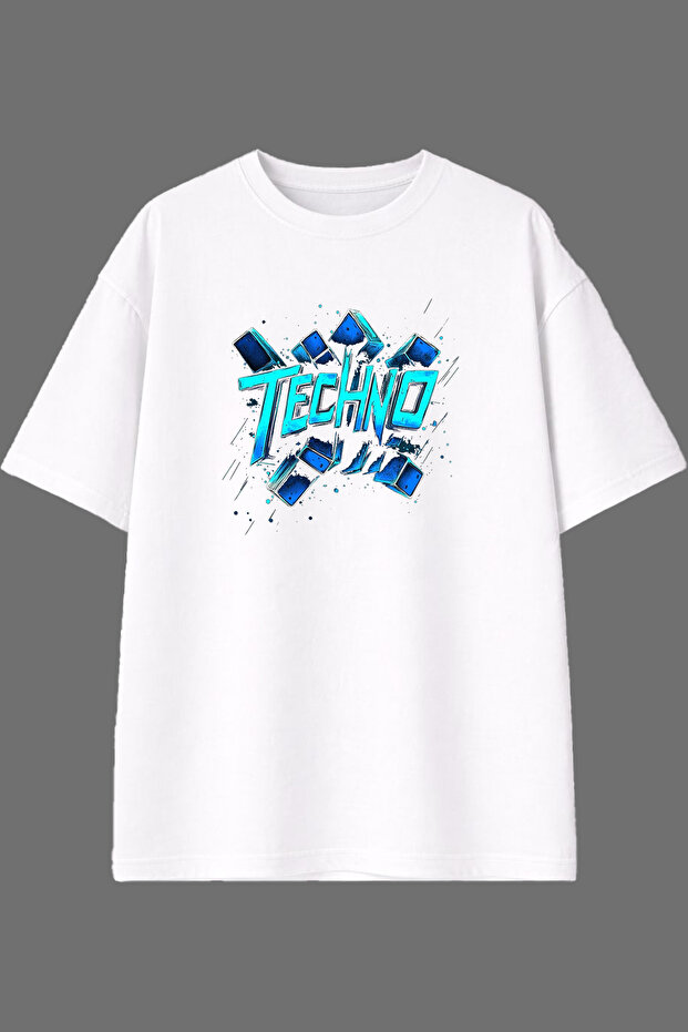 Techno Blue Design Pre-Printed White Oversize T-Shirt