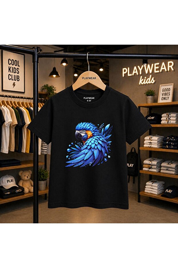 Blue Parrot Printed 100% Kids Unisex T-Shirt 5 6 -7 8-9 10 -11 12 Years Old