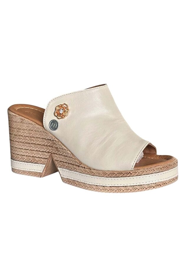 D26Yt-6115-B Cream Women's Heeled Leather Slippers