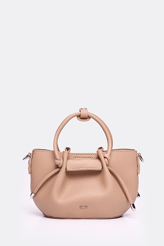 Women's Mini Hand and Shoulder Bag with Drawstring Detail, Stylish Daily Bag, Mink