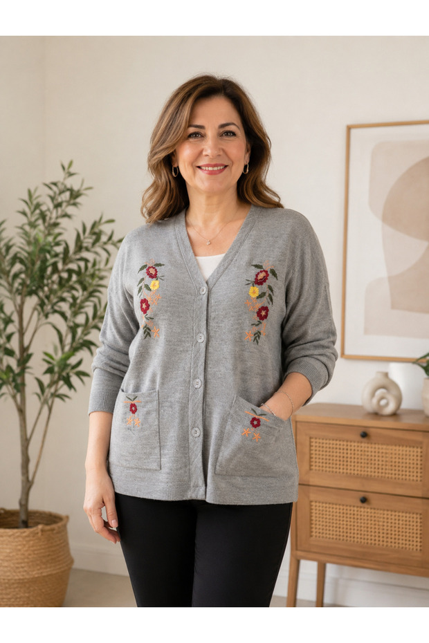 Floral Embroidered Steel Knitted Cardigan
