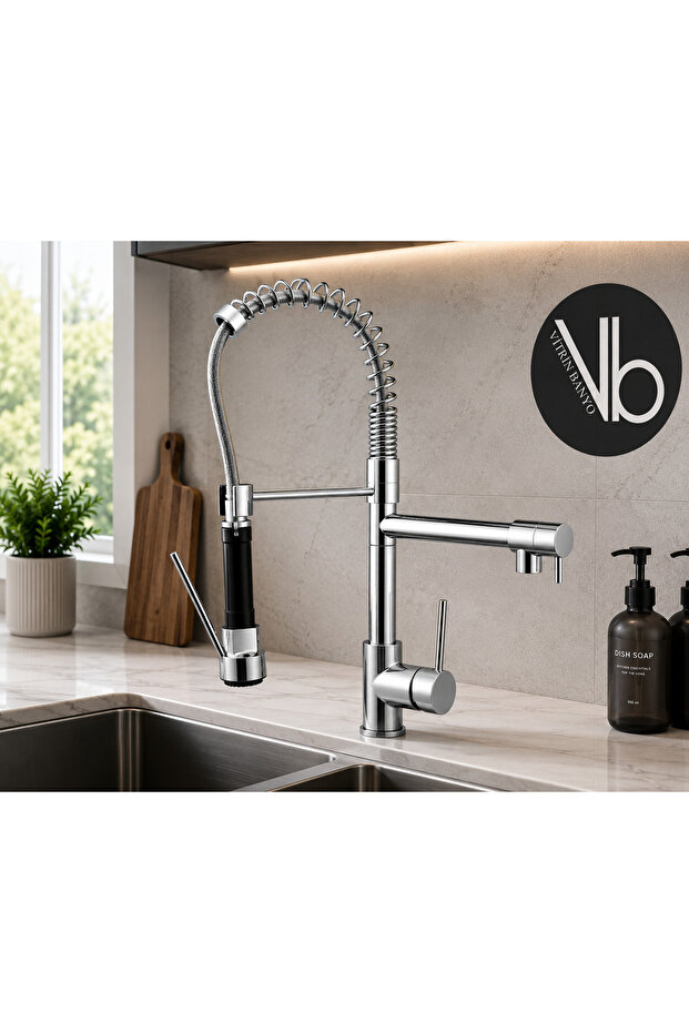 Double Outlet Industrial Spiral Sink Faucet – Professional Kitchen Faucet Chrome