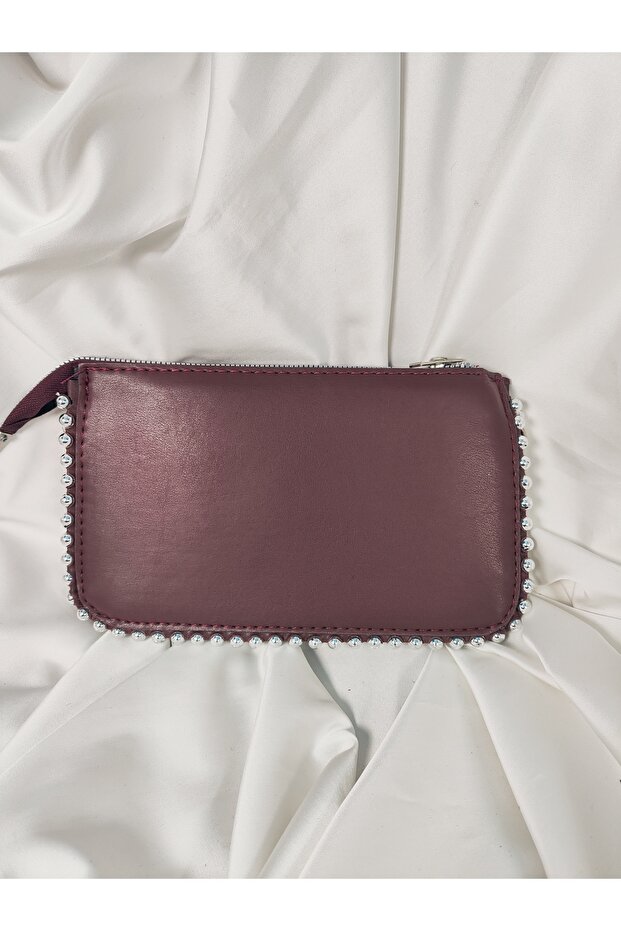 Burgundy Wine Stone Edge Detailed Beaded Portfolio Clutch Handbag