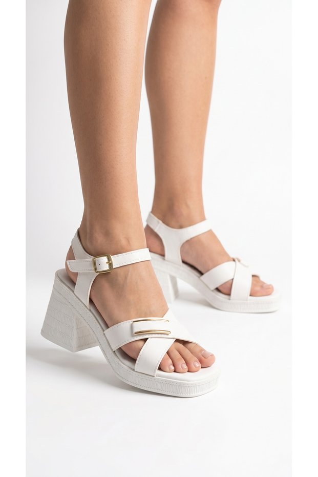 Cross-Strapped and Buckled Leather High Heeled Ankle Buckle Women's Summer Sandals