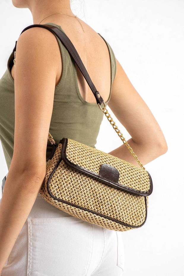 Women's Straw Weave Covered Baguette Chain Strap Cross Shoulder and Hand Bag (Length 15 cm Width 25 cm)