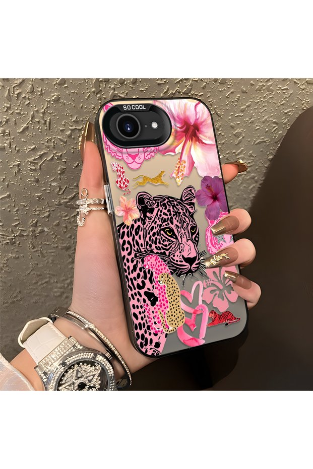 iPhone 16E Compatible Silicone Edge Hard Back Case Couple Phone Case Leopard Pattern