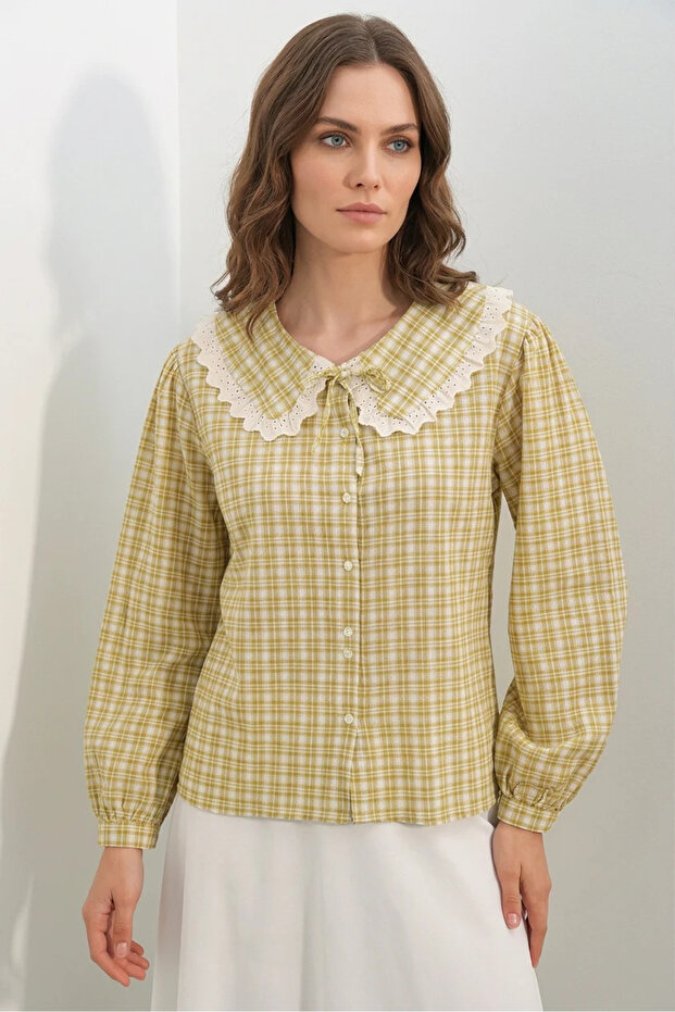 Women's Scallop Collar Plaid Patterned Yellow Shirt